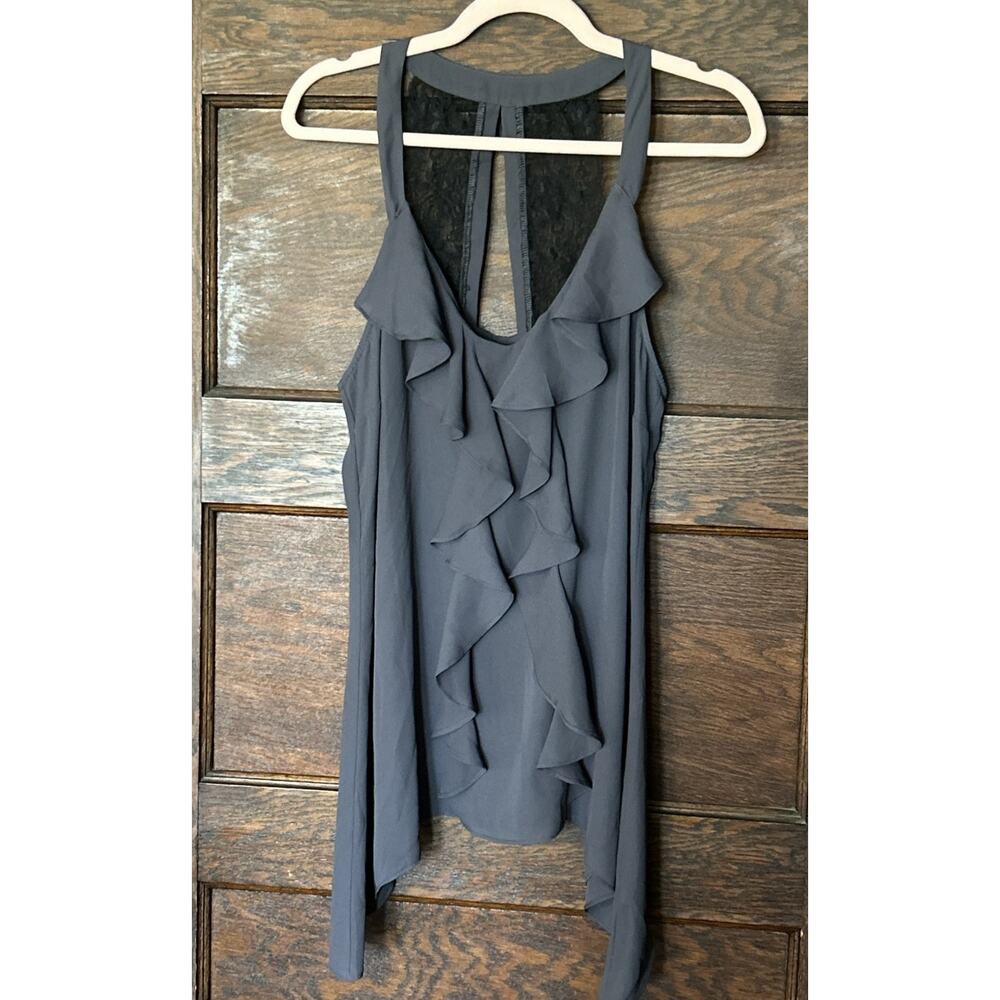 Maurice’s Gray Black Lace Dark Romantic Whimsy Goth Tank Top Sz L Ruffle Front